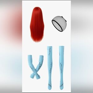 Red hair Wig. Light Blue and Black Stitch Pattern Socks & Sleeves. One Size.